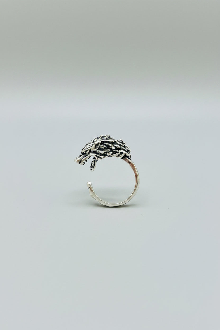 Ring - Silver Tone - Alloy - Open End - Dragon Head - Size 9