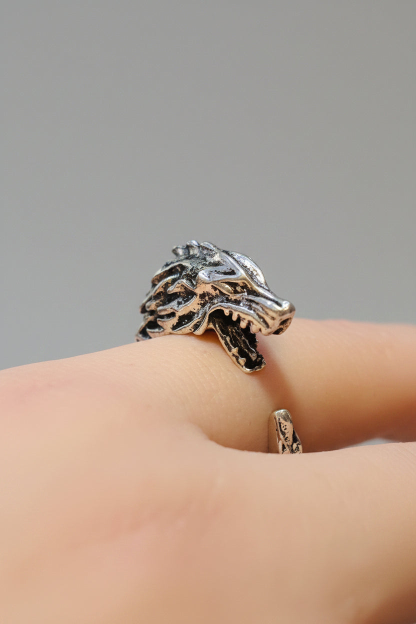 Ring - Silver Tone - Alloy - Open End - Dragon Head - Size 9