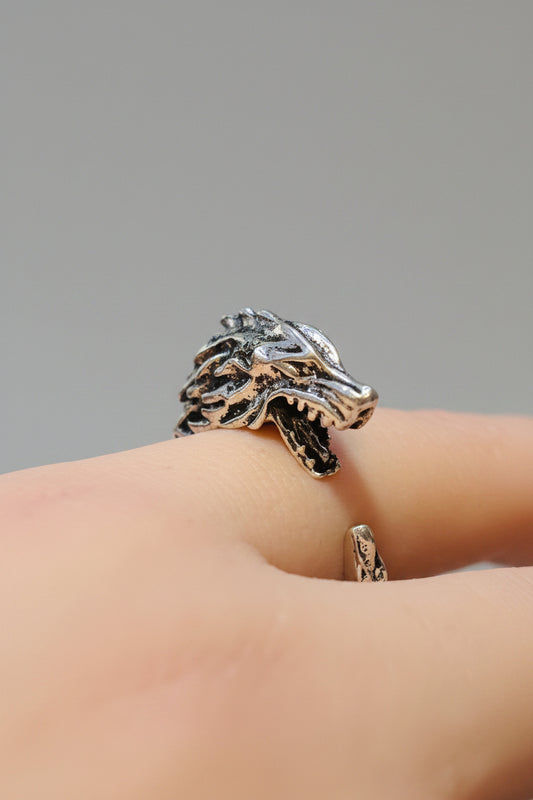 Ring - Silver Tone - Alloy - Open End - Dragon Head - Size 9
