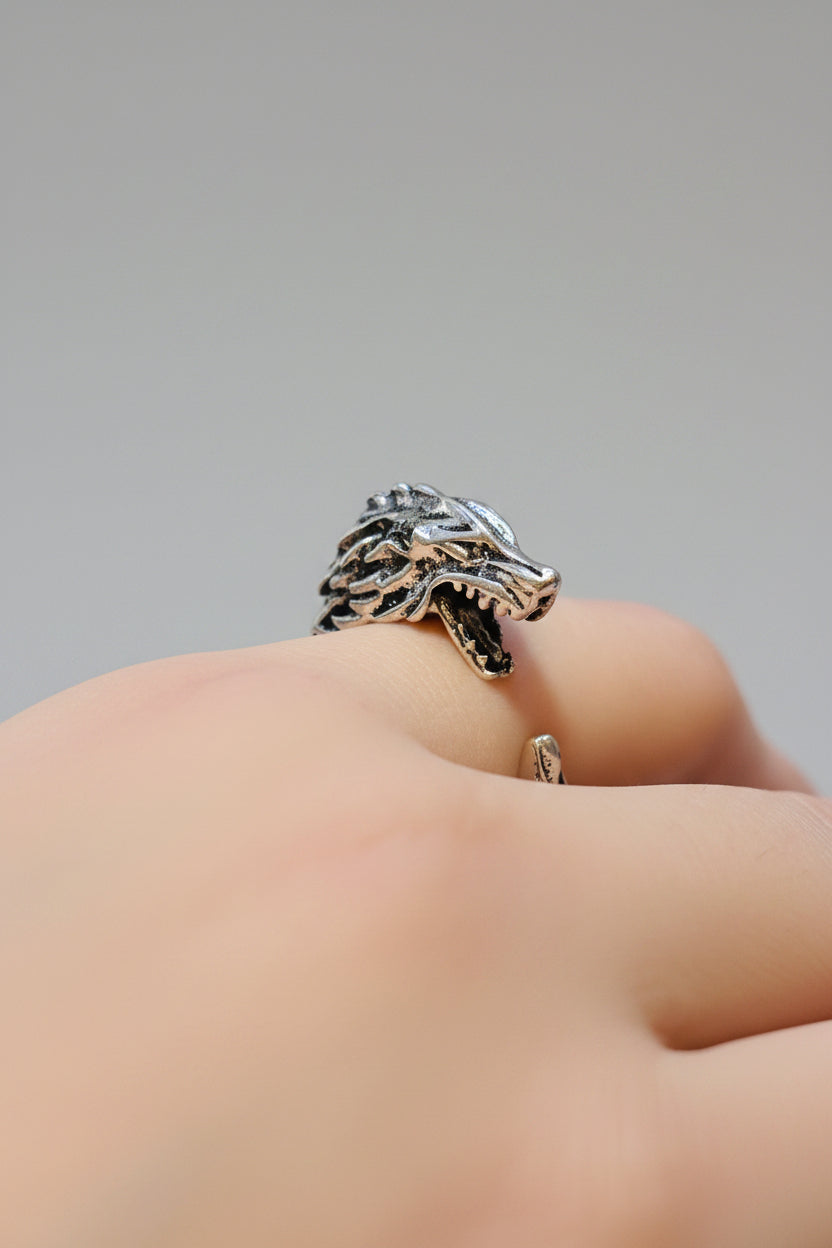 Ring - Silver Tone - Alloy - Open End - Dragon Head - Size 9