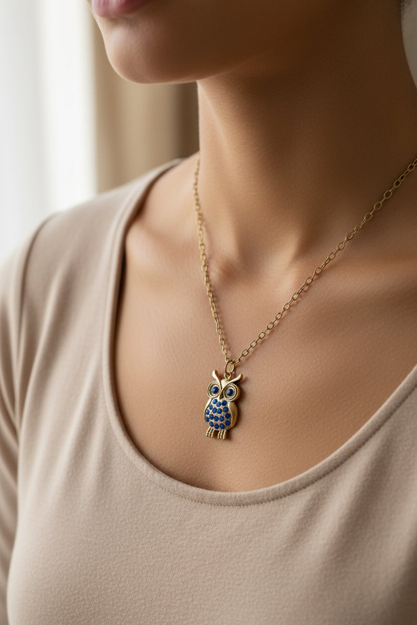 Necklace - Rhinestone - Owl Pendant