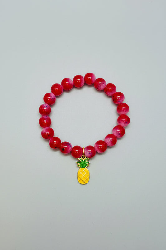 Bracelet - Stretch Red & Pink Glass Beads with Pineapple Charm - #1046
