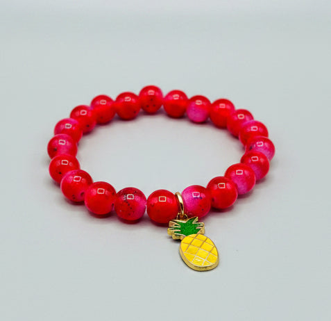 Bracelet - Stretch Red & Pink Glass Beads with Pineapple Charm - #1046