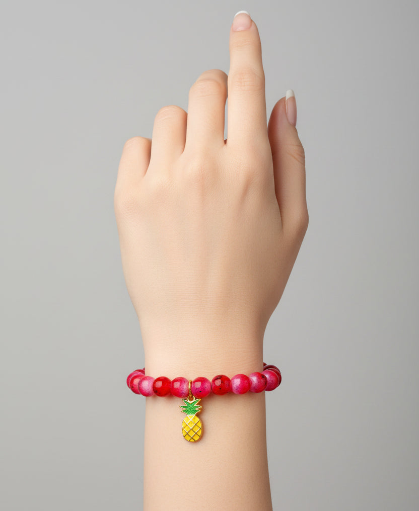 Bracelet - Stretch Red & Pink Glass Beads with Pineapple Charm - #1046