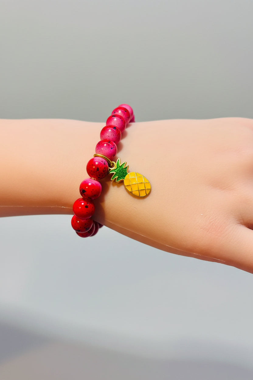 Bracelet - Stretch Red & Pink Glass Beads with Pineapple Charm - #1046