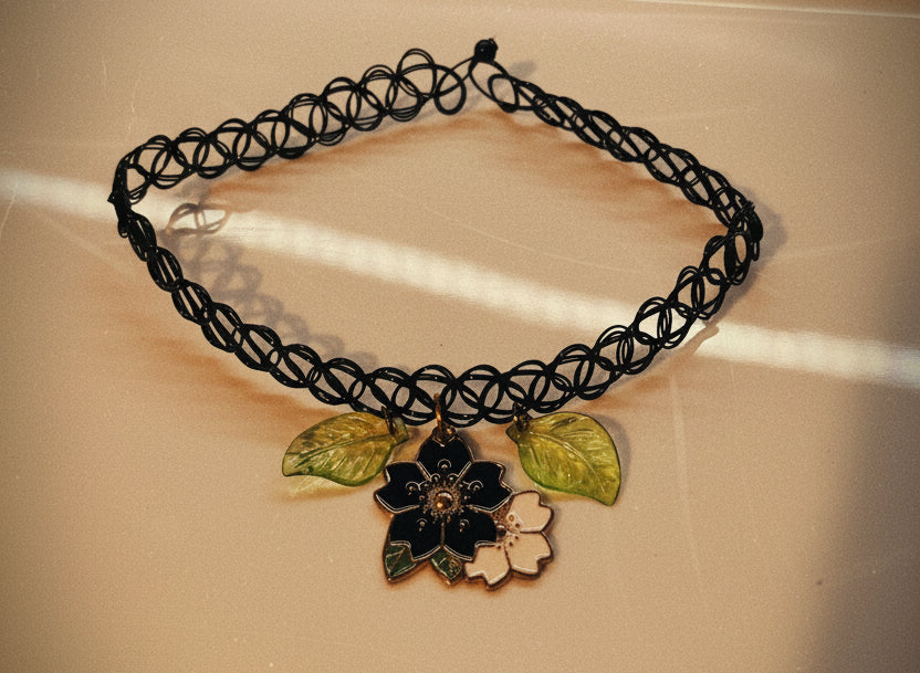 Necklace - 90s Style - Black Elastic Tattoo Choker with Floral Pendant - #1055