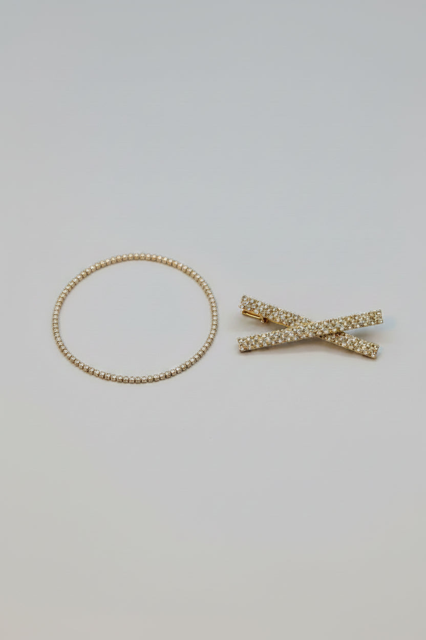 Bracelet - 2PC Set - Stretch Rhinestone with "X" Rhinestone Hair Clip - #1057