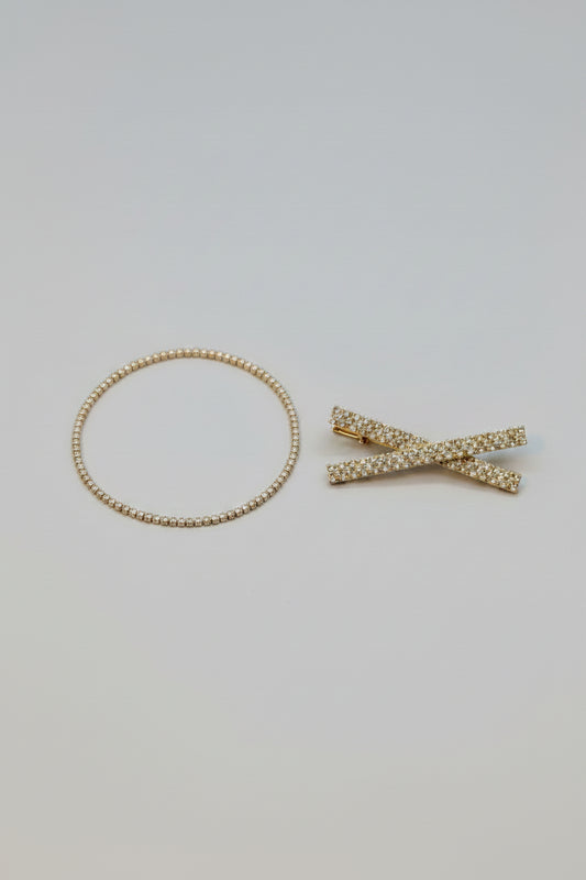 Bracelet - 2PC Set - Stretch Rhinestone with "X" Rhinestone Hair Clip - #1057