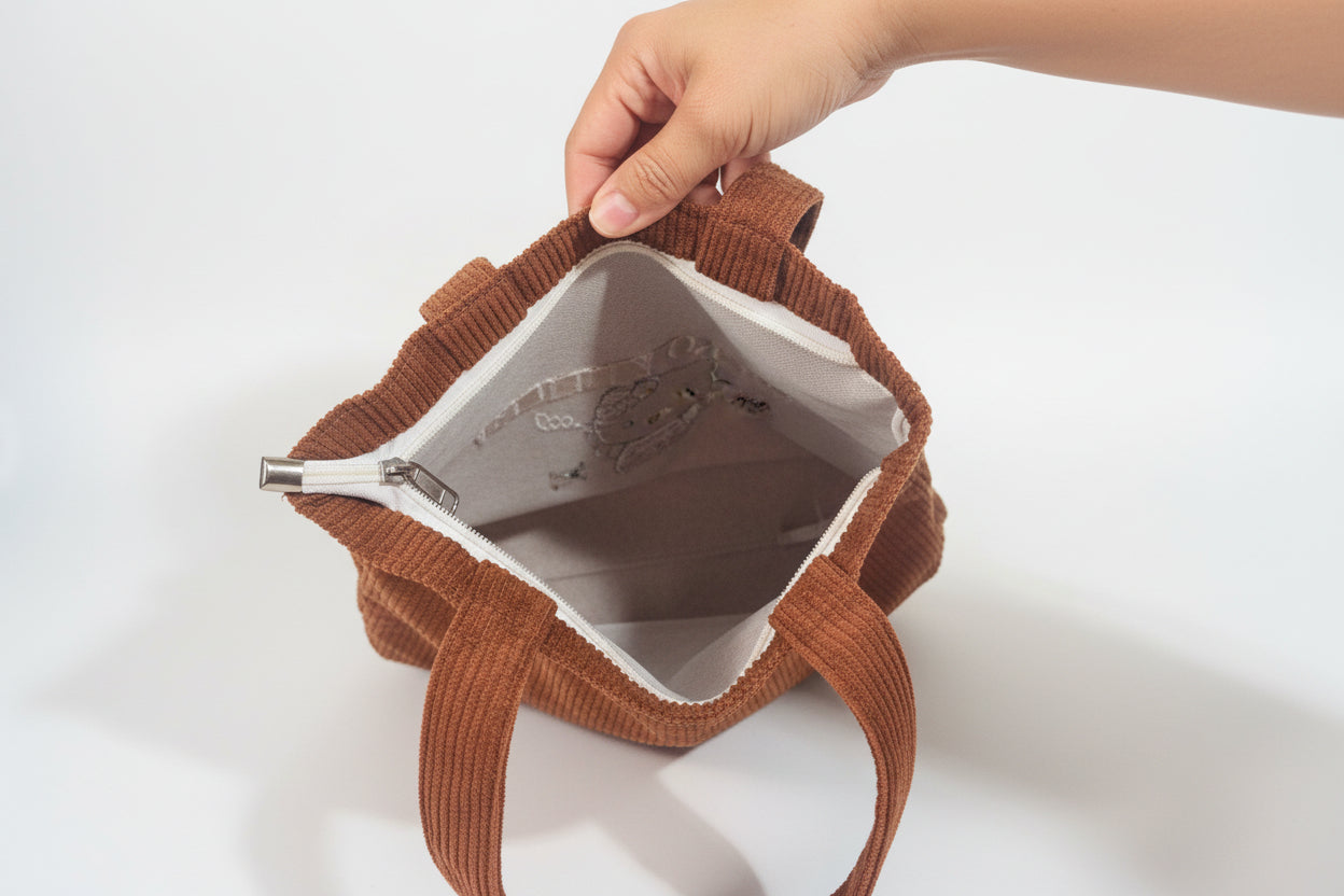Tote - Hello Kitty - Brown Corduroy - Zippered Closure