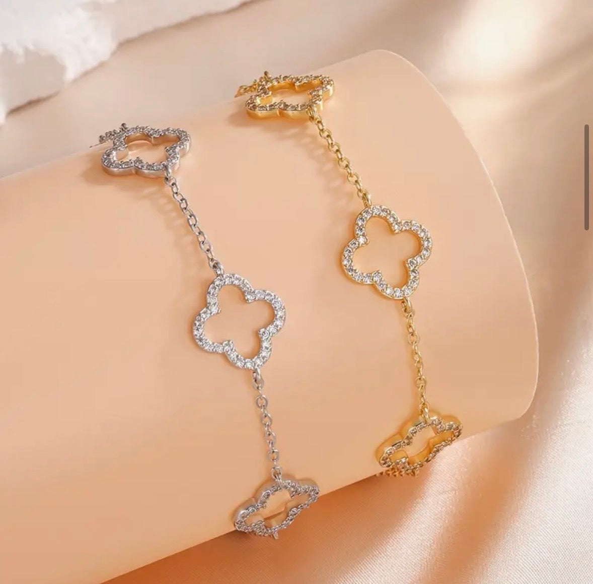 Bracelets - 14K - Cubic Zirconia - Hollow Clover - Gold or Silver Tone