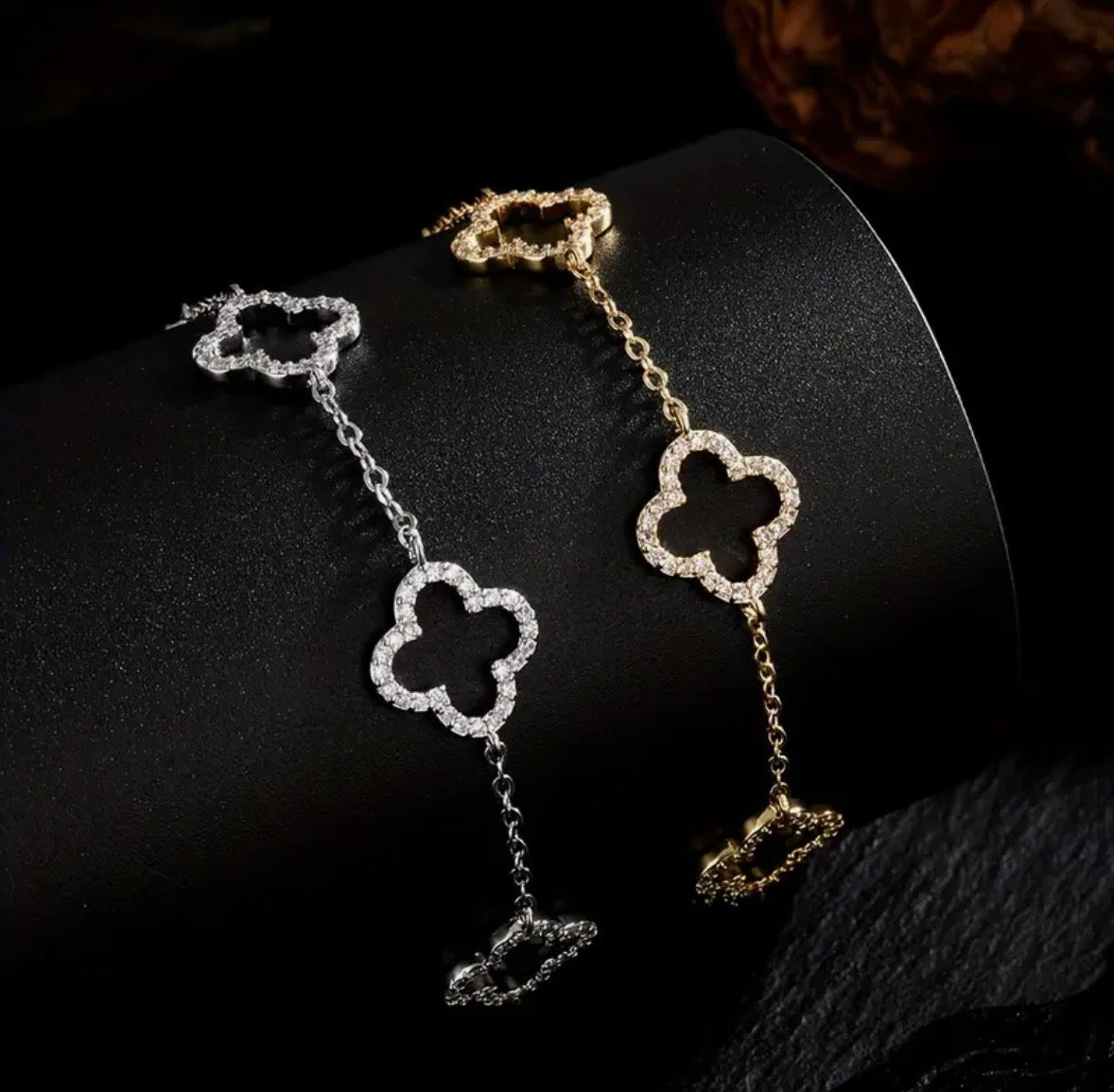 Bracelets - 14K - Cubic Zirconia - Hollow Clover - Gold or Silver Tone