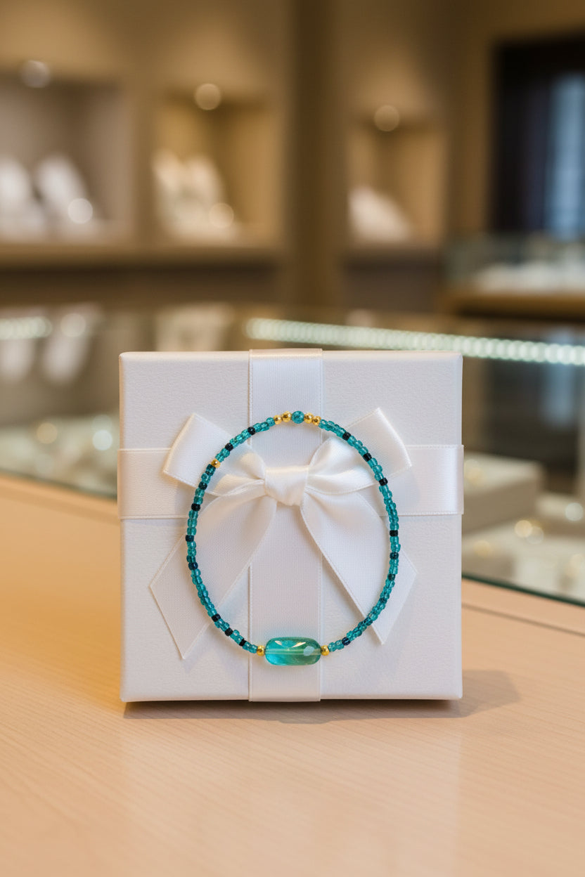Bracelet - Vibrant Turquoise with Blue and Black Seed Beads and Lobster Closure