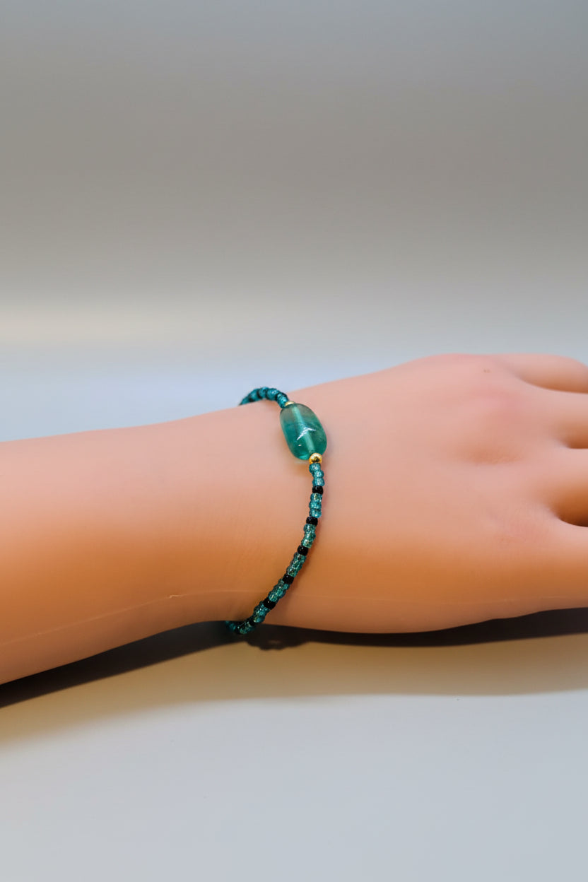 Bracelet - Vibrant Turquoise with Blue and Black Seed Beads and Lobster Closure