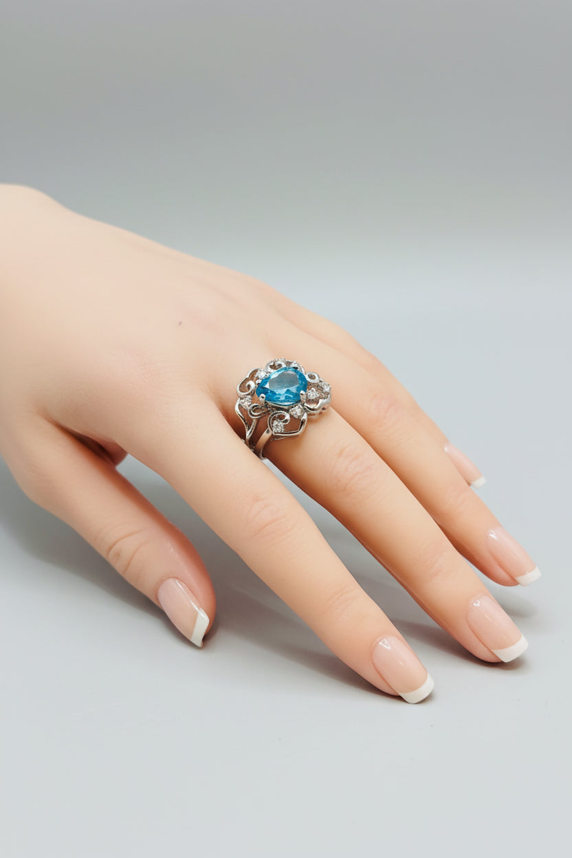 Ring - Blue Topaz - Intricate Scroll Design - Size 8