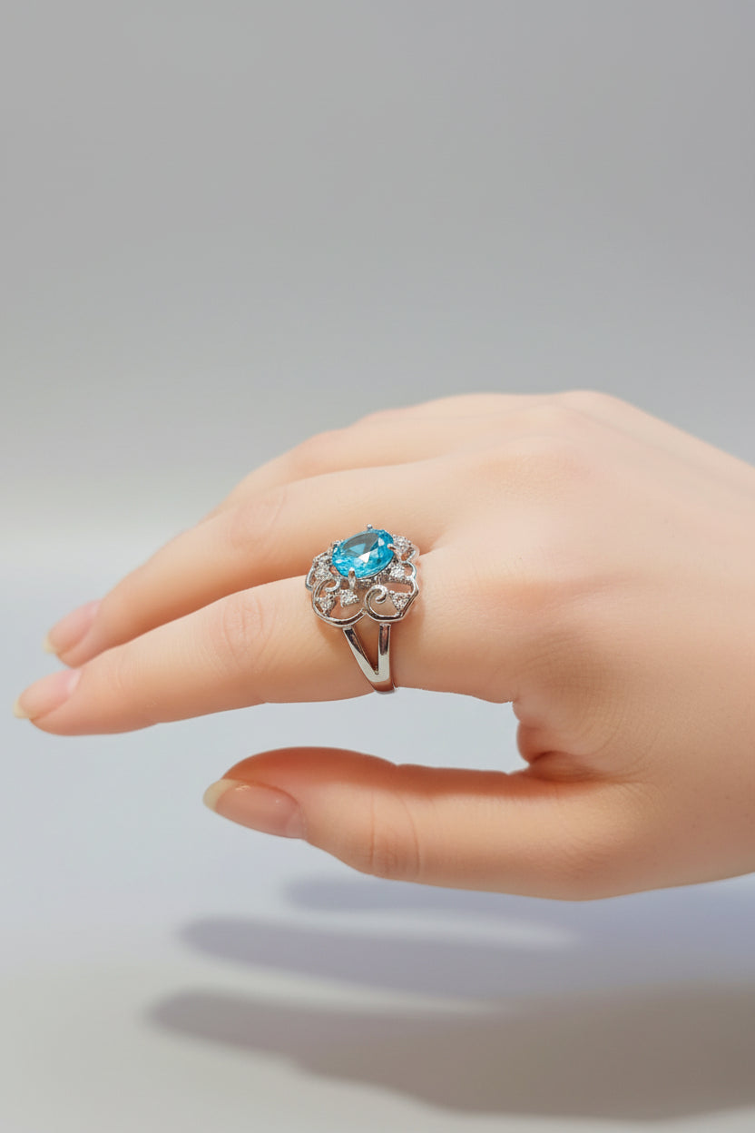 Ring - Blue Topaz - Intricate Scroll Design - Size 8
