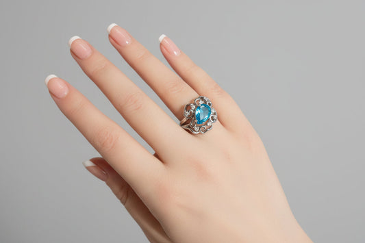 Ring - Blue Topaz - Intricate Scroll Design - Size 8