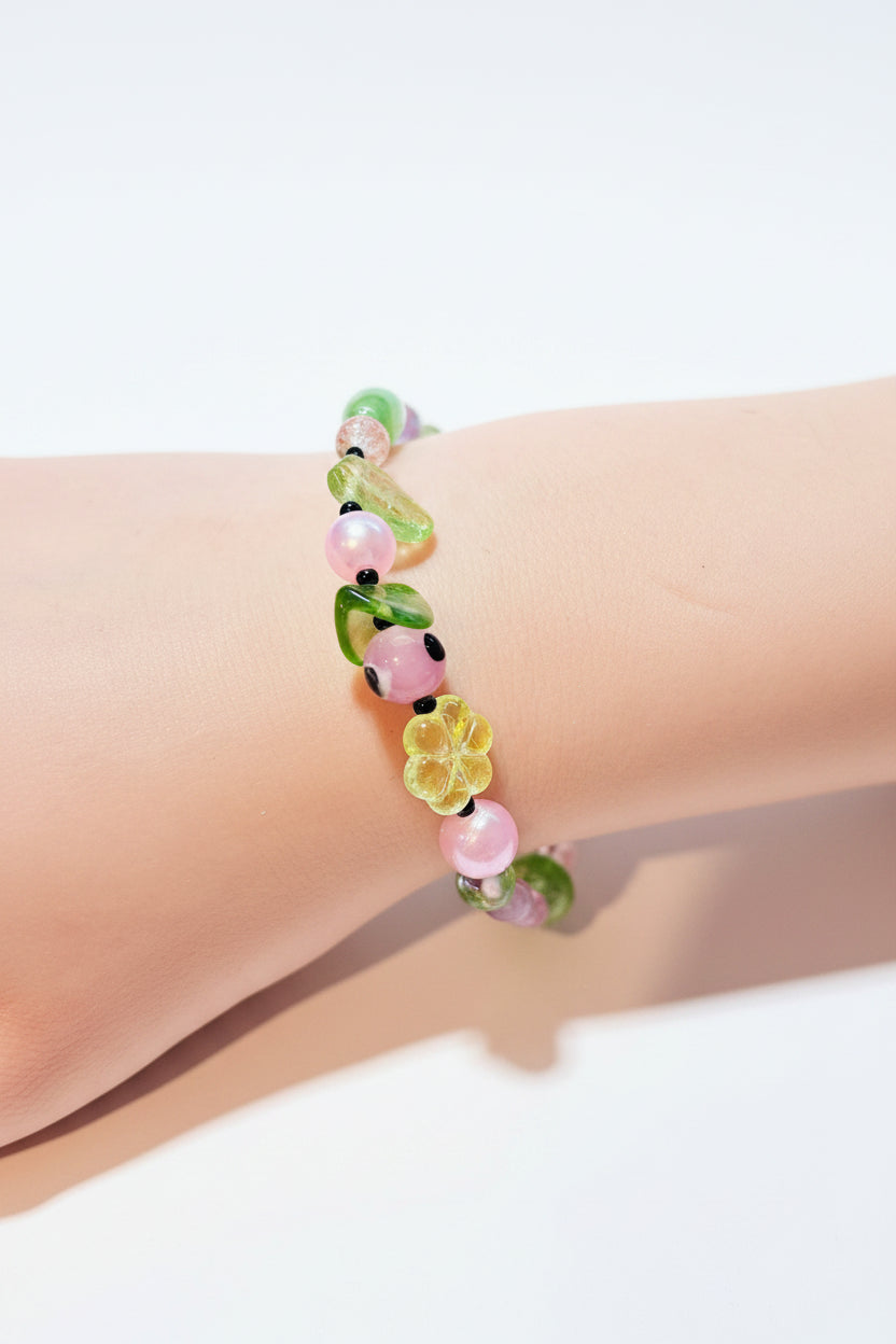 Bracelet - Green Leafy and Pink Floral Translucent Beads