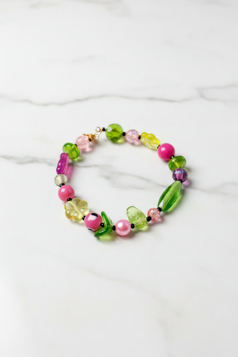 Bracelet - Green Leafy and Pink Floral Translucent Beads