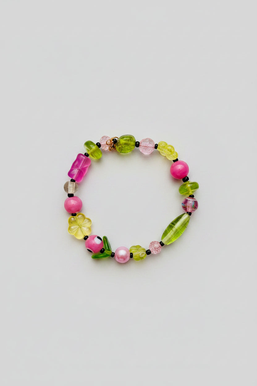 Bracelet - Green Leafy and Pink Floral Translucent Beads