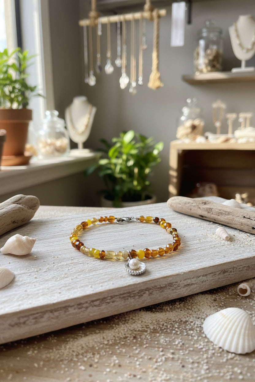 Bracelet - Baltic Amber Beaded - Silver Tone Shell Charm with Faux Pearl