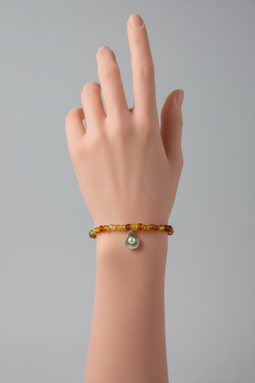 Bracelet - Baltic Amber Beaded - Silver Tone Shell Charm with Faux Pearl
