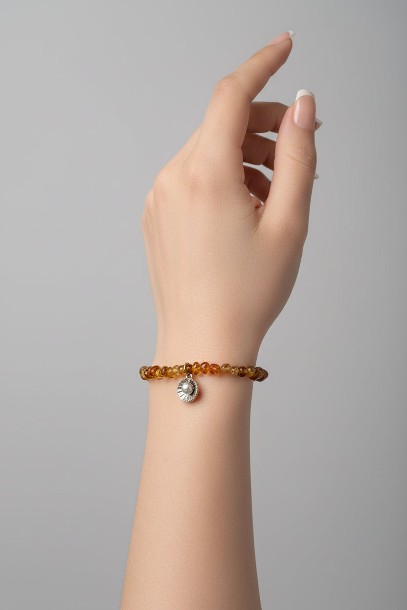 Bracelet - Baltic Amber Beaded - Silver Tone Shell Charm with Faux Pearl