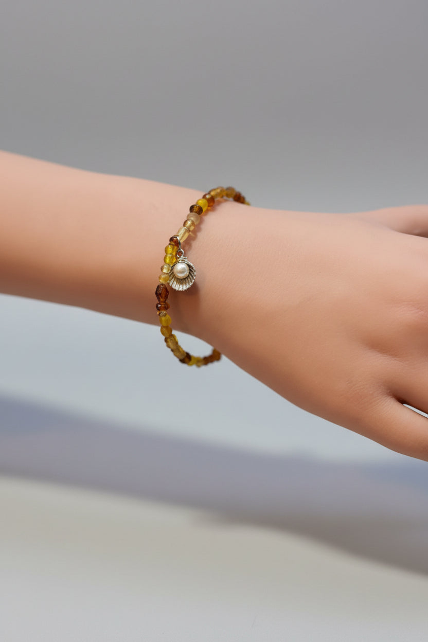 Bracelet - Baltic Amber Beaded - Silver Tone Shell Charm with Faux Pearl