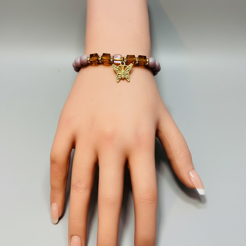 Bracelet - Stretch - Glass Lavender Beads with Amber Faceted Beads and Butterfly Charm