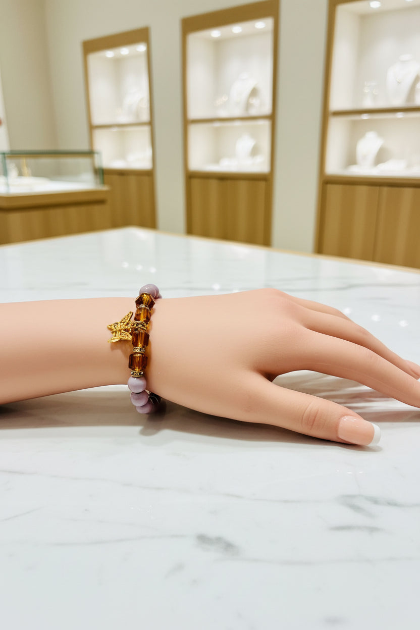 Bracelet - Stretch - Glass Lavender Beads with Amber Faceted Beads and Butterfly Charm
