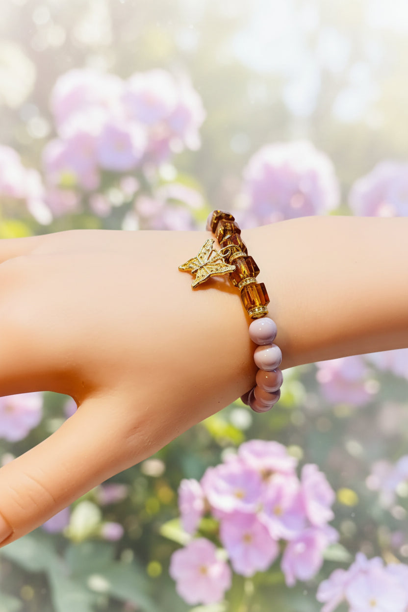 Bracelet - Stretch - Glass Lavender Beads with Amber Faceted Beads and Butterfly Charm