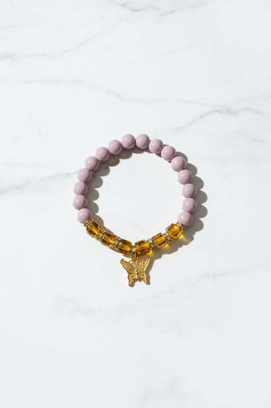 Bracelet - Stretch - Glass Lavender Beads with Amber Faceted Beads and Butterfly Charm