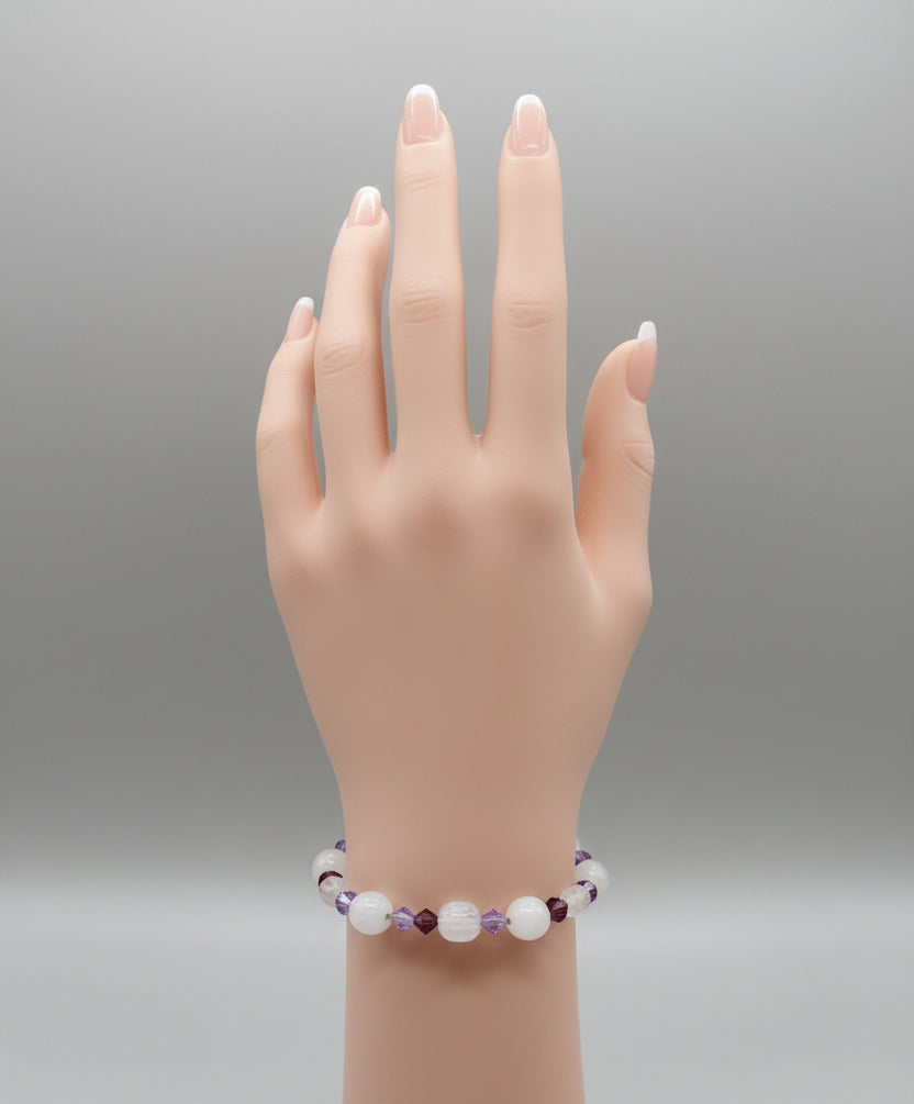 Bracelet - Frosted White Beads mixed with Faceted Plum and Lavender Beads