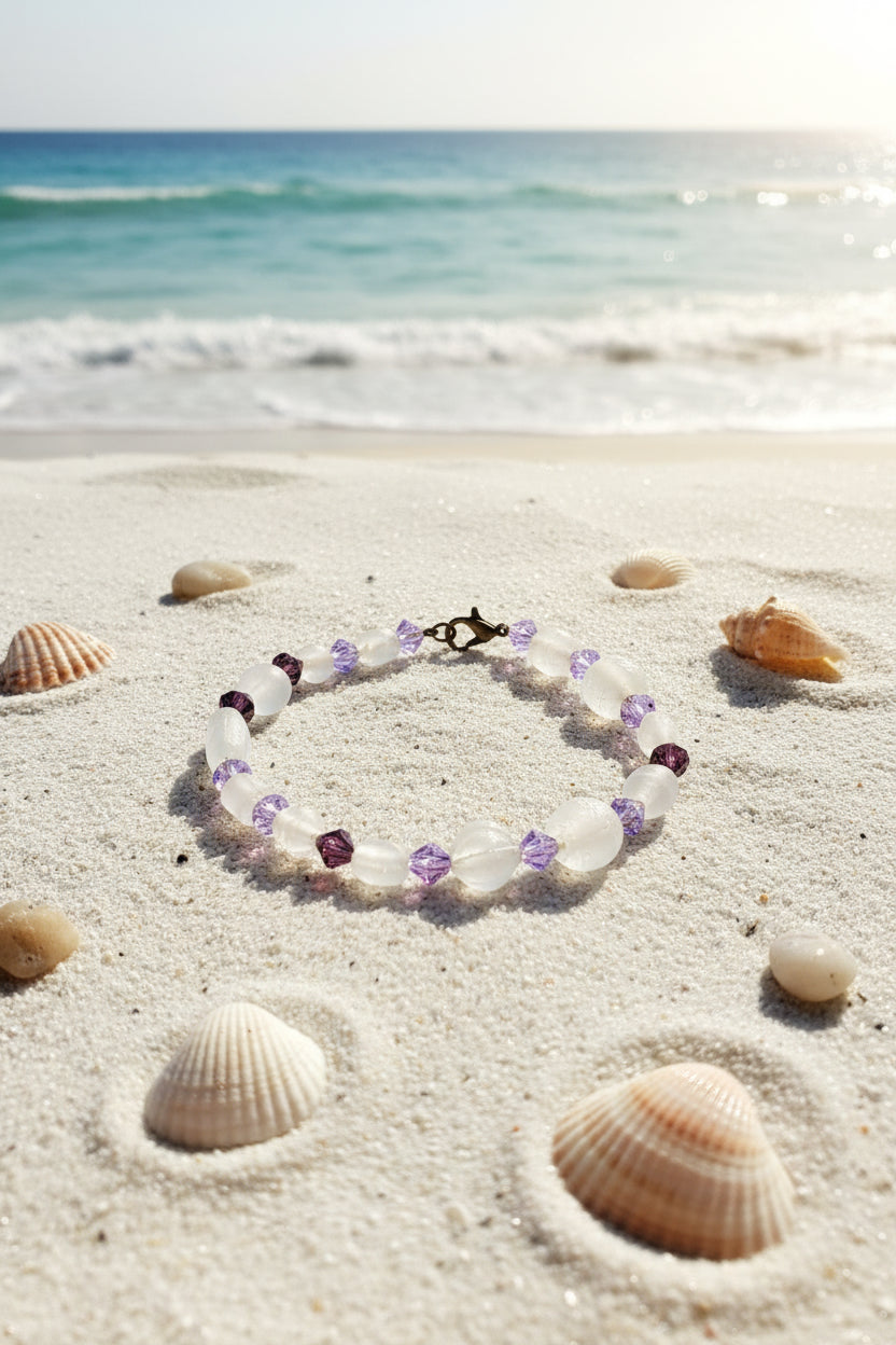 Bracelet - Frosted White Beads mixed with Faceted Plum and Lavender Beads