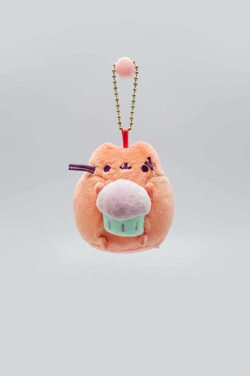 Purse Charm - Fluffy Pink Kitty Cat holding Purple Cupcake
