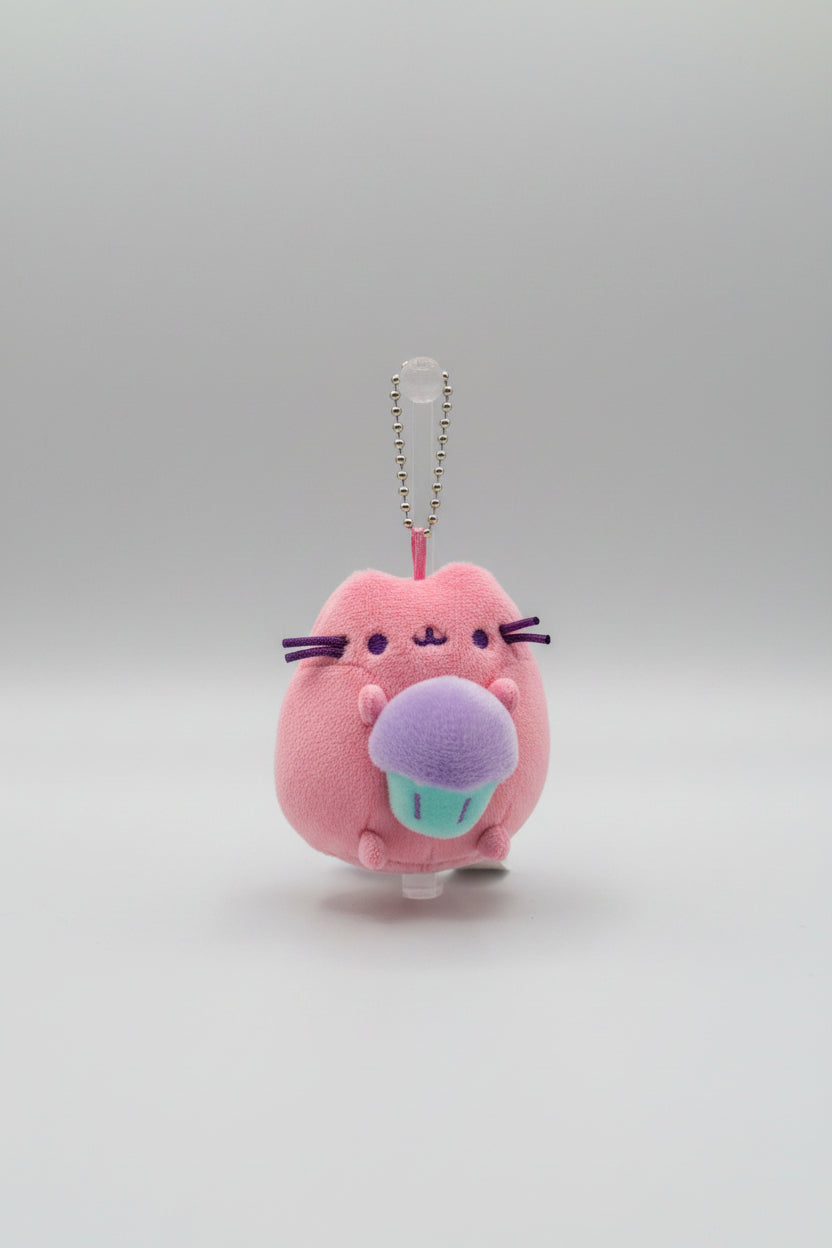Purse Charm - Fluffy Pink Kitty Cat holding Purple Cupcake