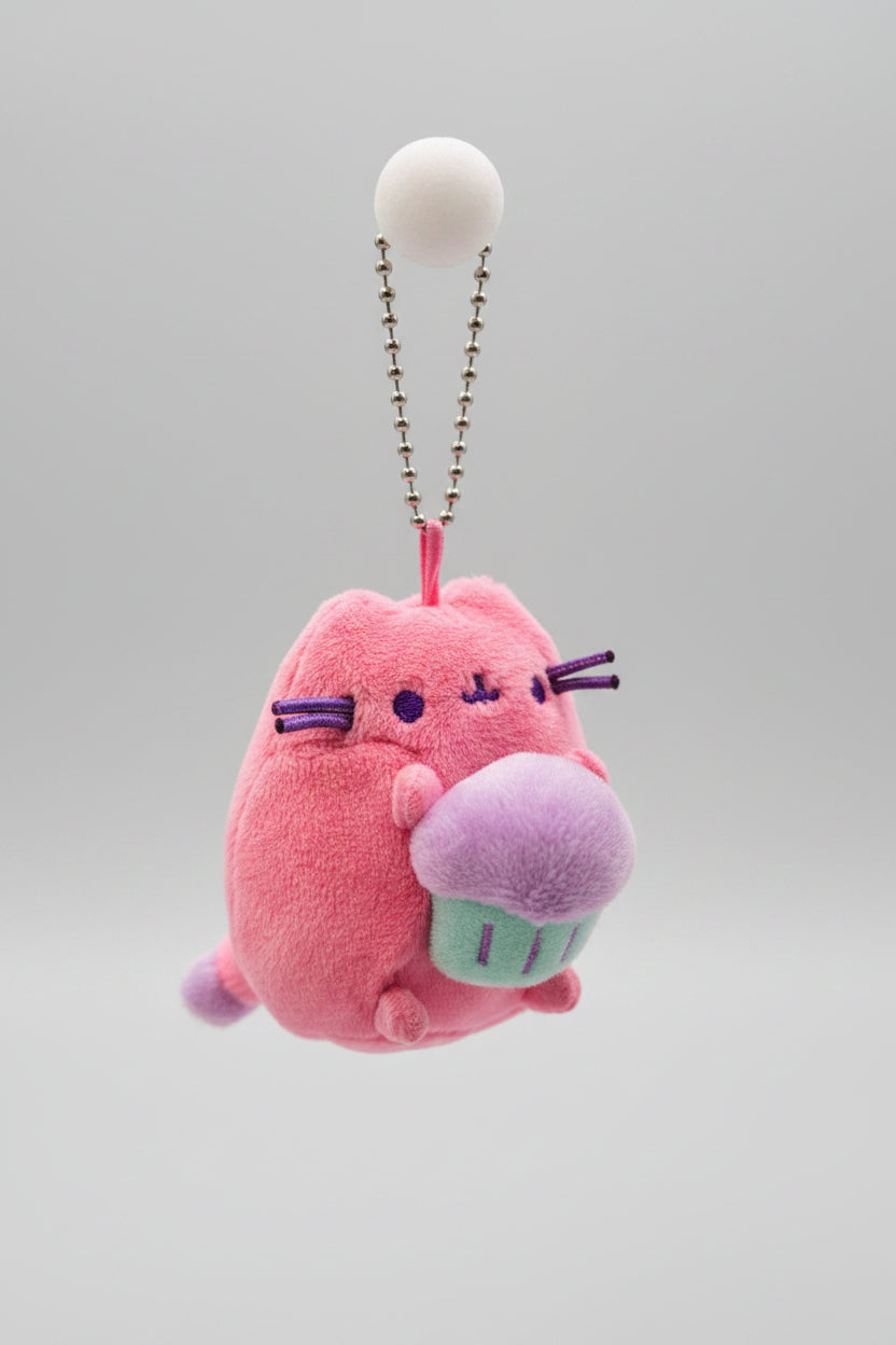 Purse Charm - Fluffy Pink Kitty Cat holding Purple Cupcake
