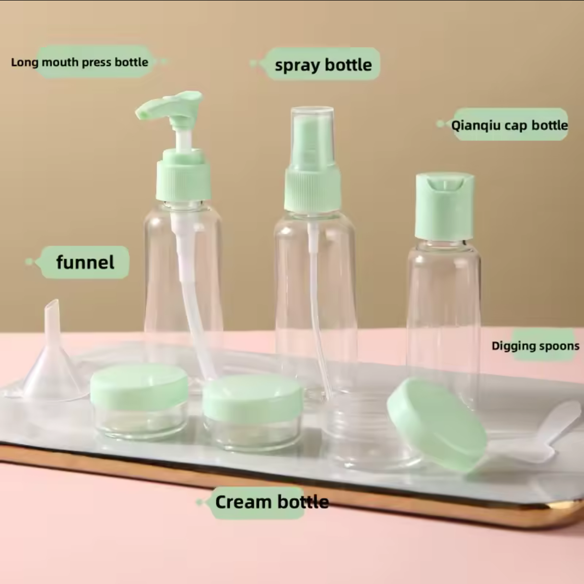 Travel Bottle Set - 5 Piece Set with Mixing Spoon & Funnel - Light Green