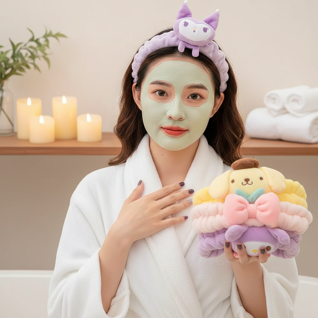 Spa Headband - Fluffy Kuromi Face - Kawaii - Purple