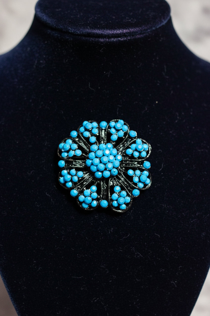 Brooch - Vintage - Turquoise Beads on a Dark Metal Filigree Design