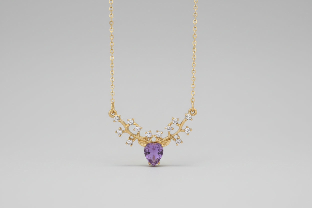 Necklace - Gold-Tone Central Crystal Stone with Vine-Like Accent