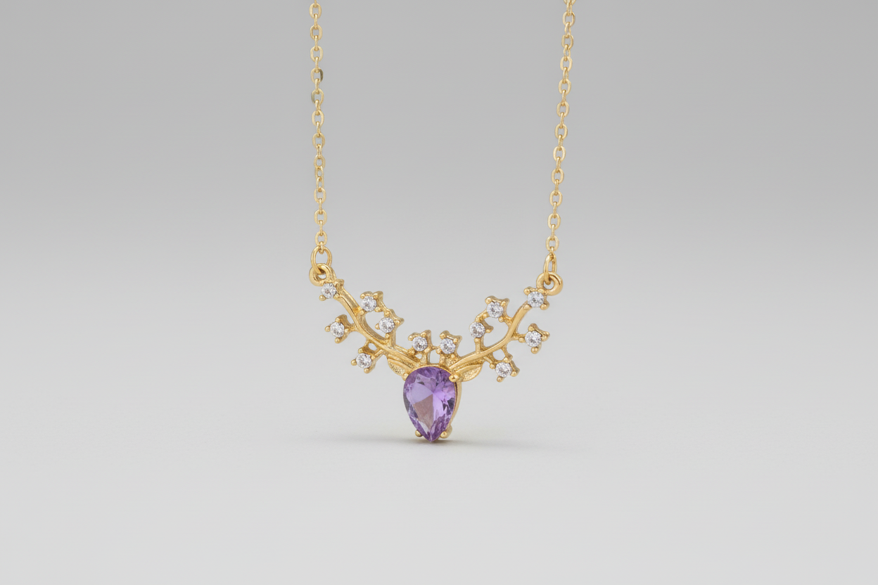 Necklace - Gold-Tone Central Crystal Stone with Vine-Like Accent