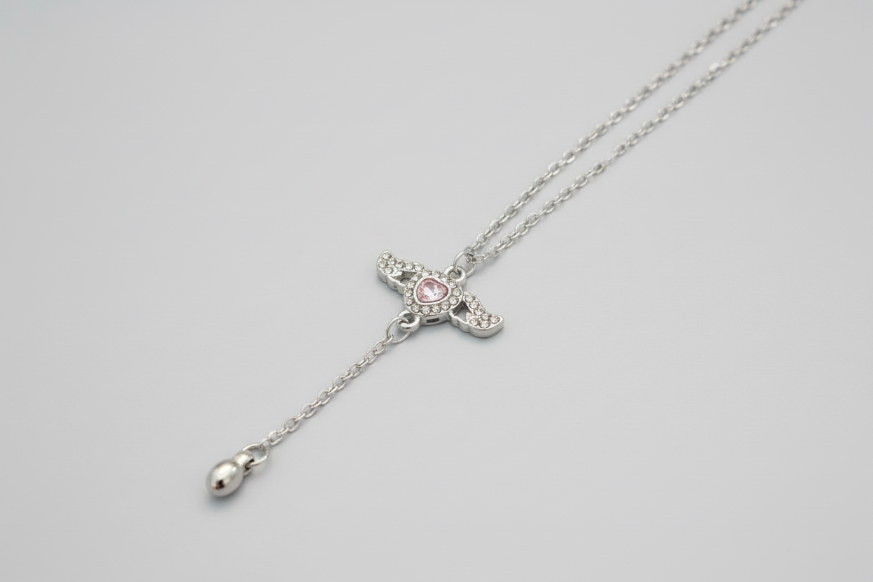 Necklace - Heart with Angel Wings Pendant and a Y Drop Style Chain