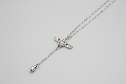Necklace - Heart with Angel Wings Pendant and a Y Drop Style Chain