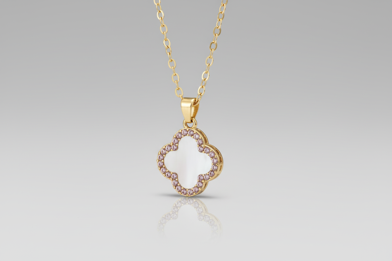 White Inlay Four-Leaf Clover Pendant Necklace