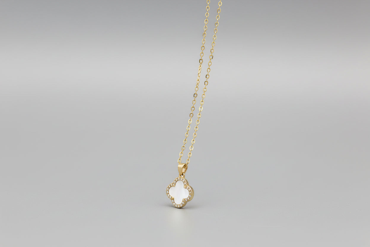 White Inlay Four-Leaf Clover Pendant Necklace
