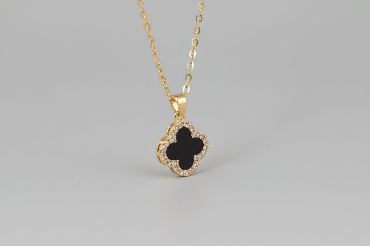 Necklace - Elegant Gold-Tone Black Clover Pendant