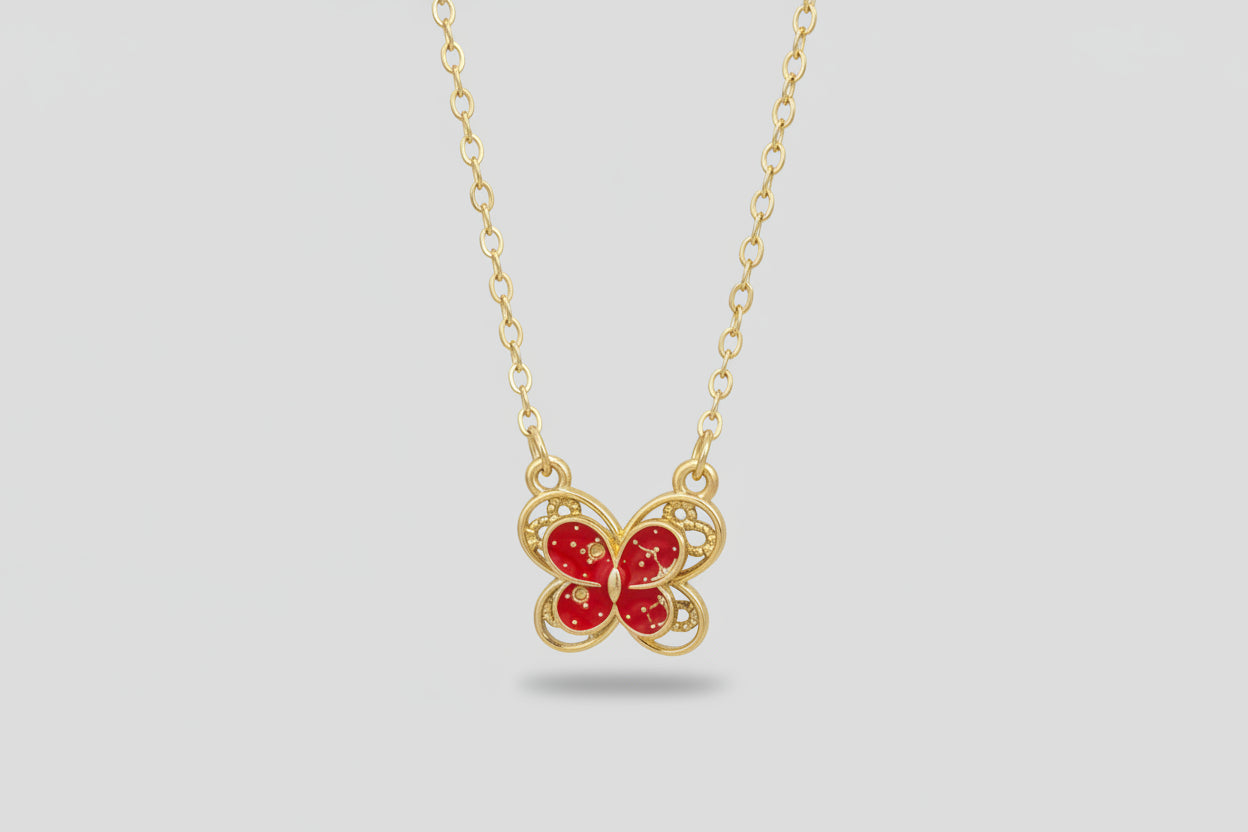 Necklace - Gold-Tone Red Enamel Butterfly Pendant