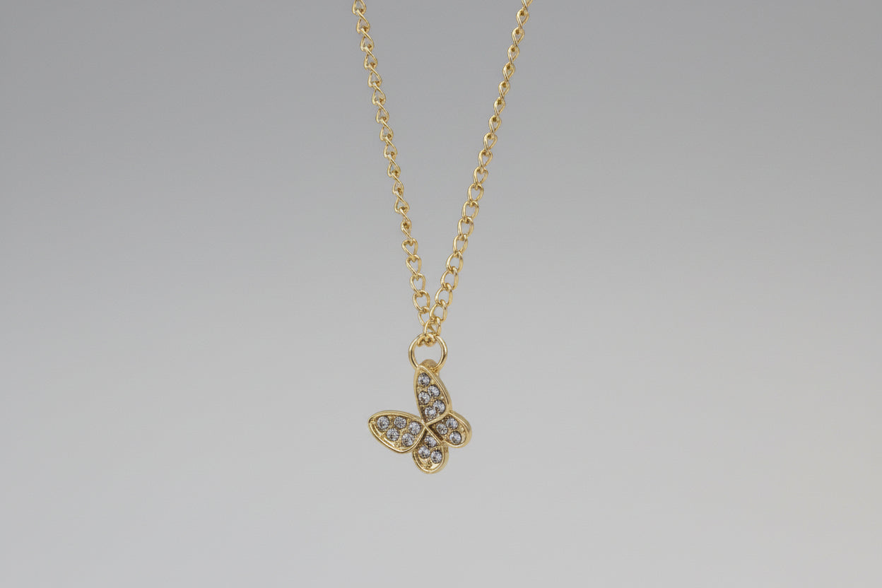 Necklace - Gold Tone Rhinestone Butterfly Pendant