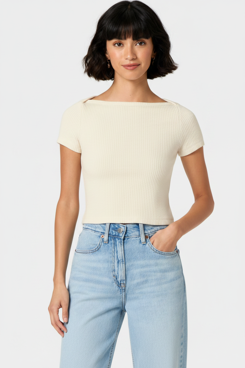 Blouse - Women's - Slim Fit - Short Sleeve - Boat Neck - Ribbed - T-shirt - Universal Thread - Cream - XL