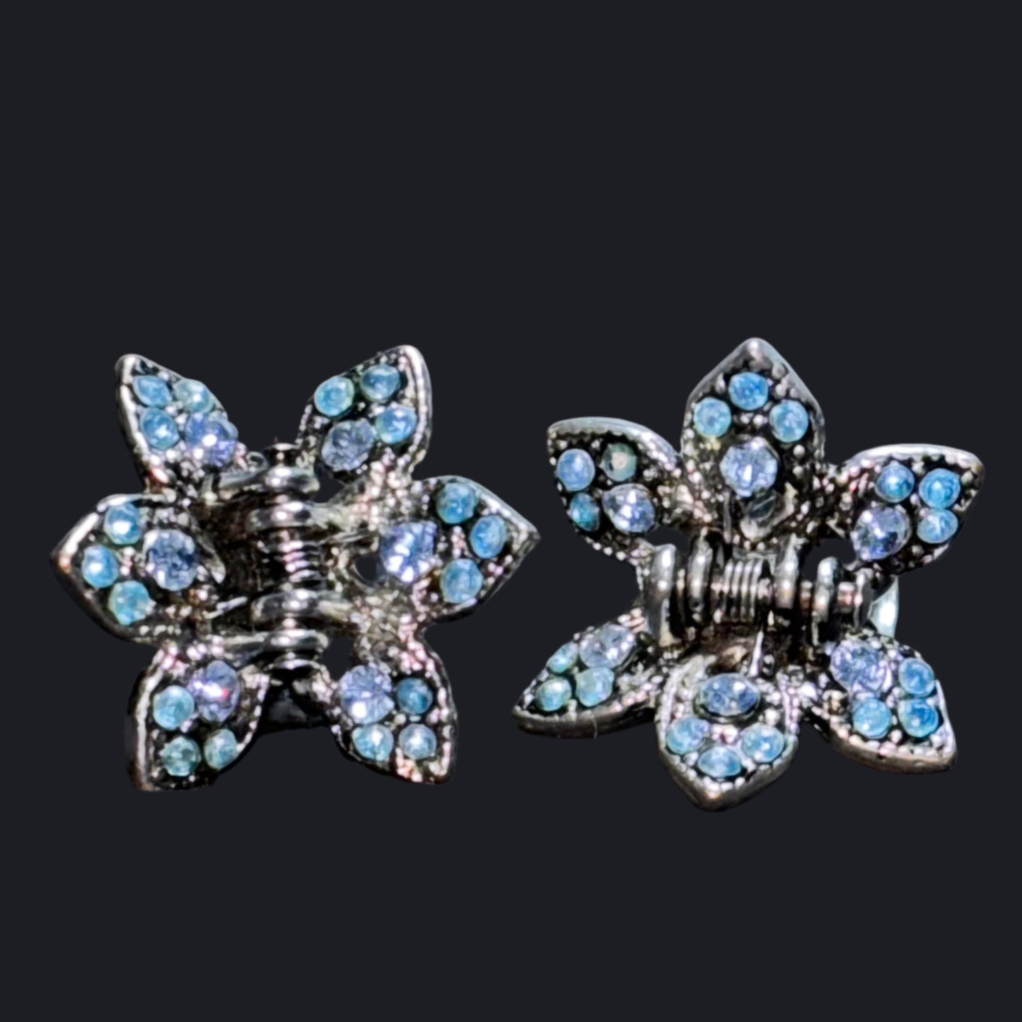Hair Clips - Set of 2 - Flower shaped with Blue Rhinestones